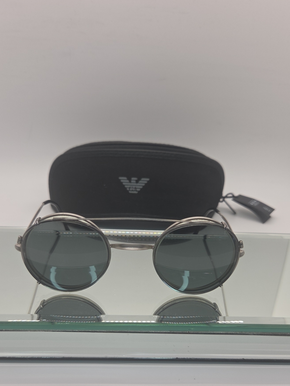 Vintage Giorgio Armani Italy Round Silver Frame glasses with Tinted Clip On